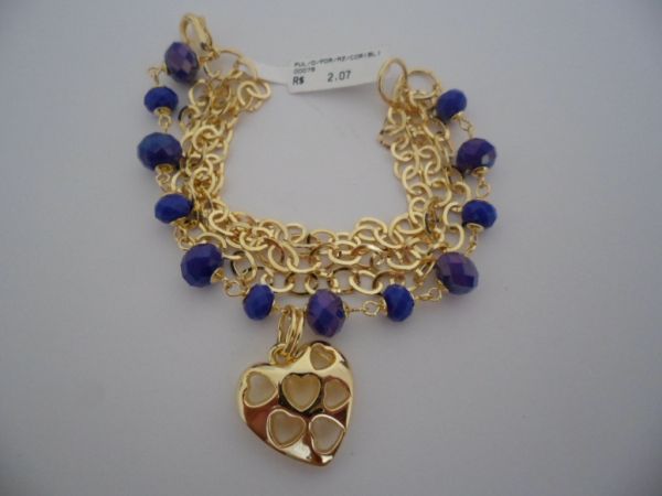 PULSEIRA FOLHADA A OURO PEDRA AZUL CORAÇÃO CB 2089492