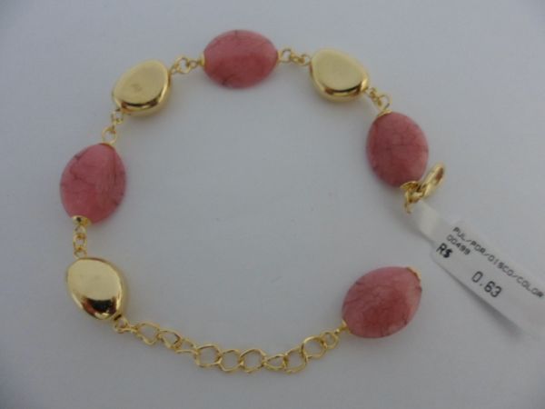 PULSEIRA FOLHADA OURO PEDRA DISCO ROSA CB 182291