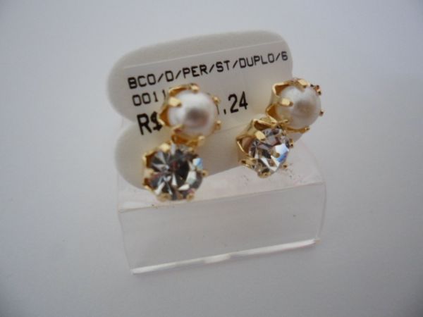 BRINCO FOLHADO A OURO PEROLA STRASS DUPLO  CB 5620