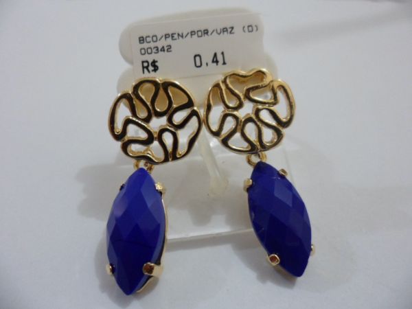 BRINCO FOLHADO A OURO PENDENTE PEDRAS AZUL CB 23763